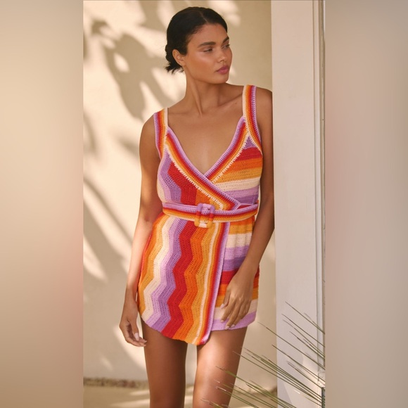 Anthropologie Farm Rio Striped Multi Color Crochet Mini Dress Size Large NWT - Picture 12 of 12